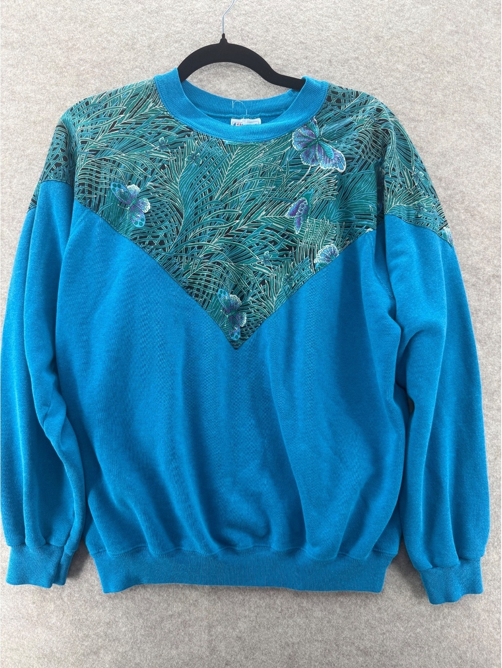 Vintage 90s Hanes Butterfly Leaf Print Colorblock Sweatshirt USA Made XL Teal